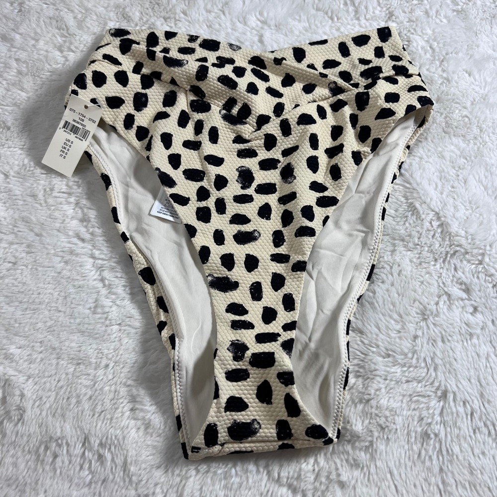 Aerie High‎ Cut Cheeky Bikini Bottom Small Cream Black Animal Spot 075-1754-3752
